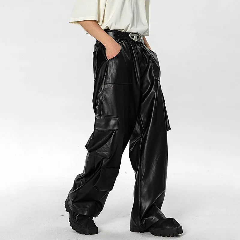 image of Vintage Street Wear Pu Leather Casual Pants in Black, Men's (Size 32)