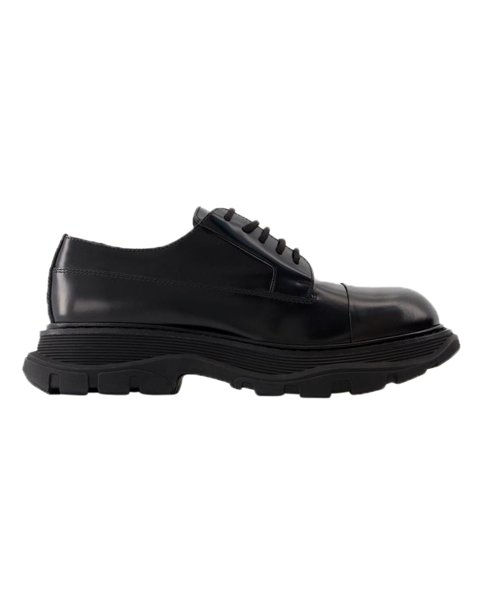image of Alexander Mcqueen Black Leather Treadslick Loafers With Rubber Sole, Women's (Size 11)