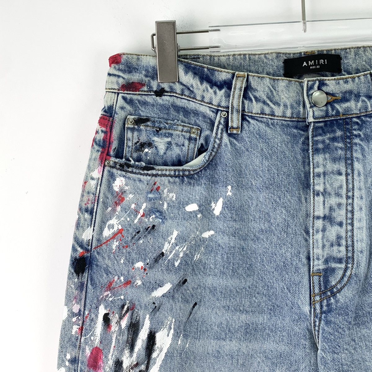 Armani Amiri Blue Distressed Splash Ink Print Denim Pants K26WX Size 24" / US 00 / IT 34 - 4 Thumbnail