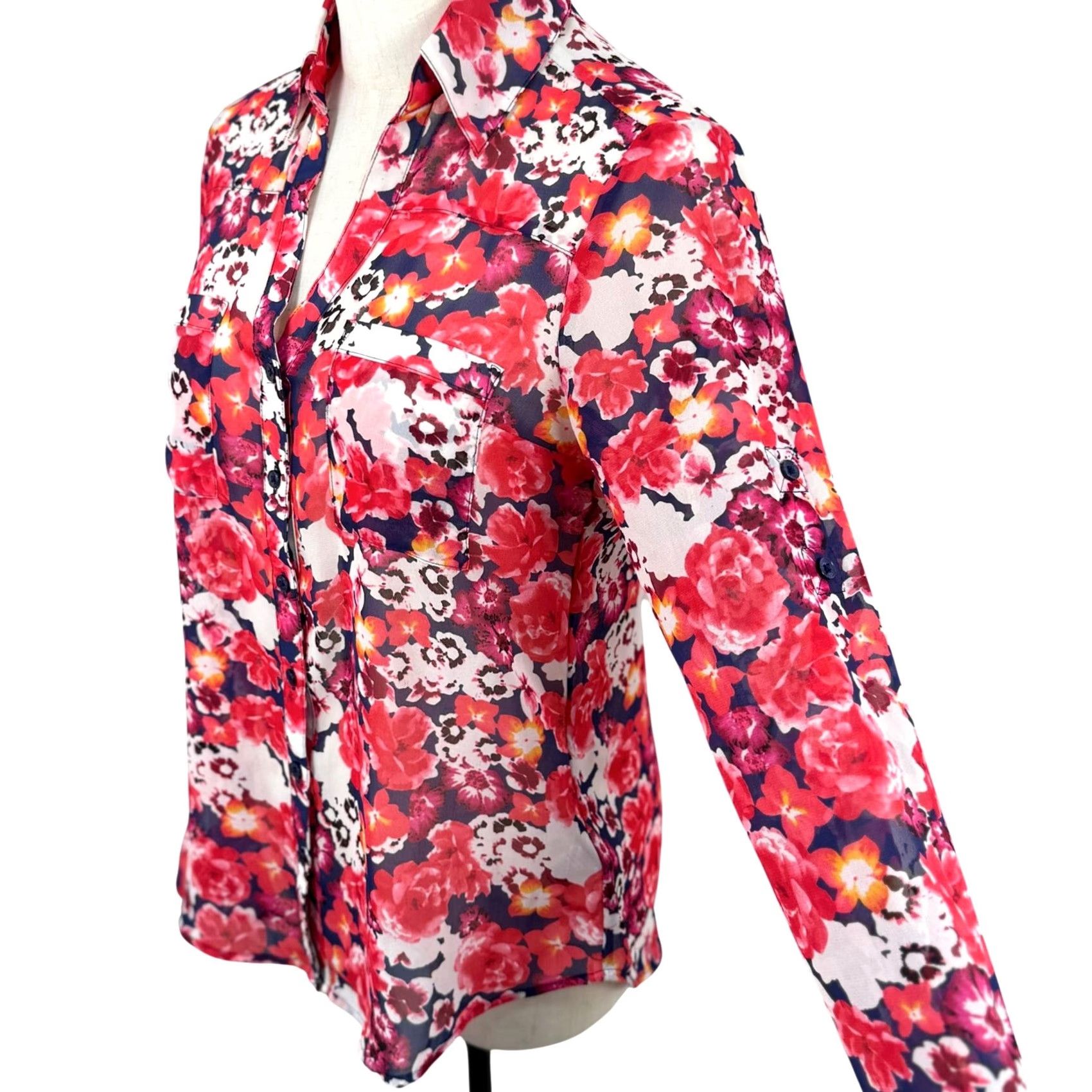 Express EUC Y2K Express Portofino XS Sheer Dark Floral Button Down Blouse RollTab Sleeve Boys? Womens Size XS / US 0-2 / IT 36-38 - 3 Thumbnail