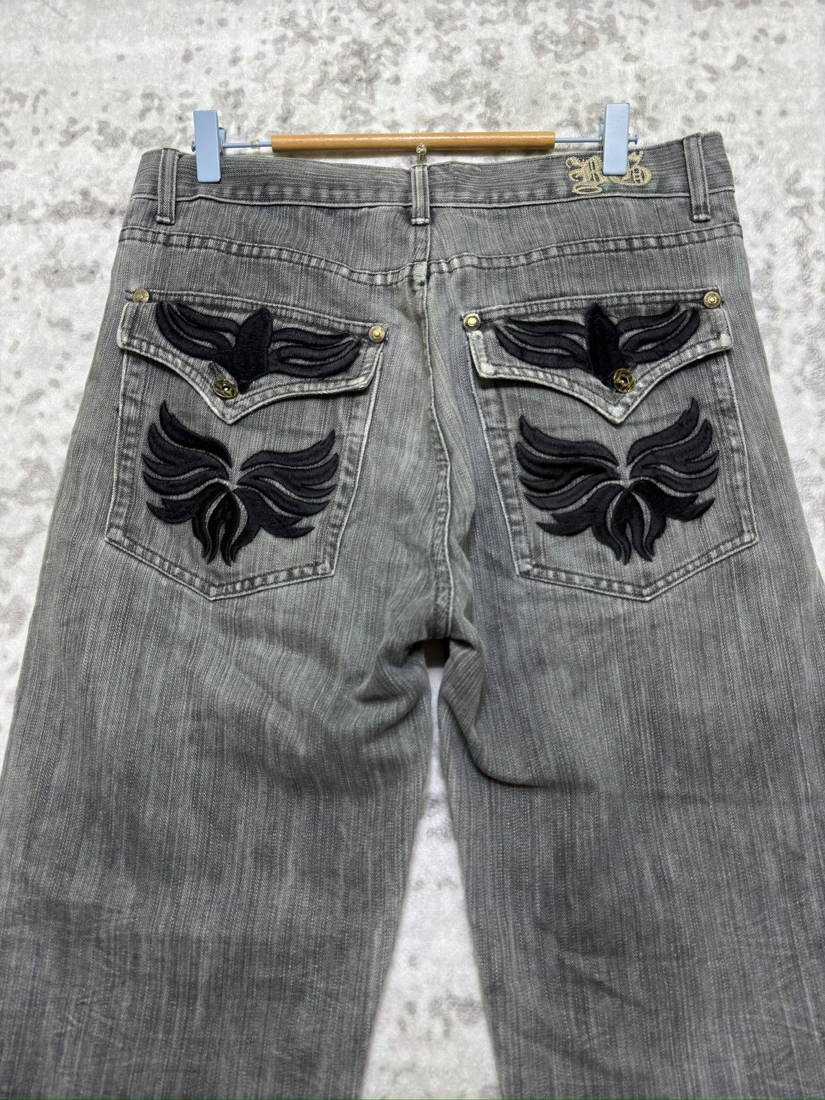 Japanese Brand Vintage Blue Gear Jeans Distressed Black Wing Embroidery Size US 32 / EU 48 - 9 Thumbnail