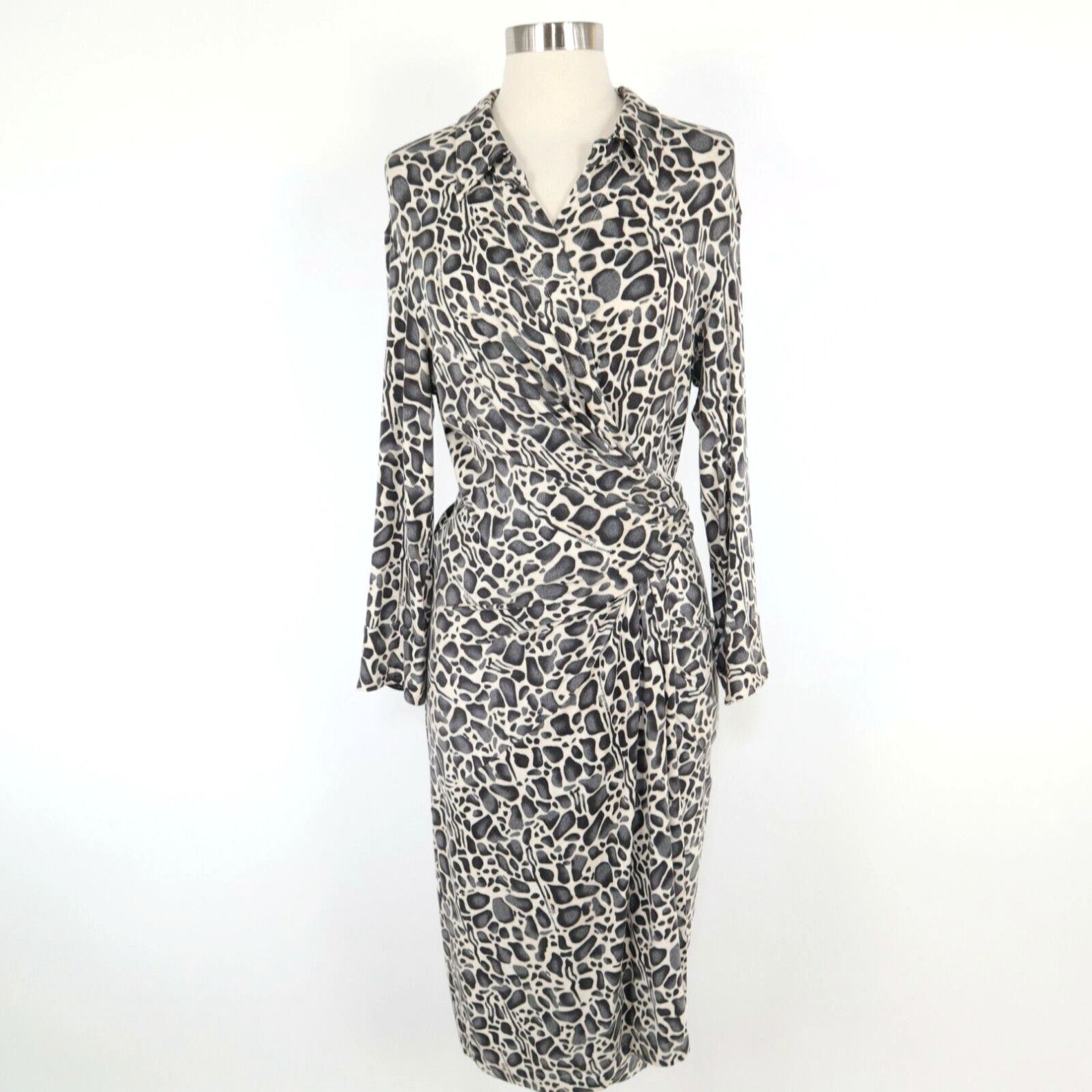 image of Samantha Sung Wrap Dress XL Wool Silk Jersey V-Neck Ivory Gray Animal Print in White, Women's