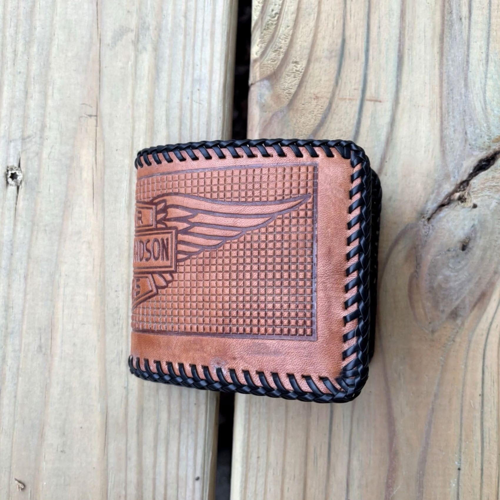 Harley Davidson Harley-Davidson Wallet Leather Bi Fold 90s Brown Genuine Hand Tooled Whipstitch Mens Vintage Size ONE SIZE - 3 Thumbnail
