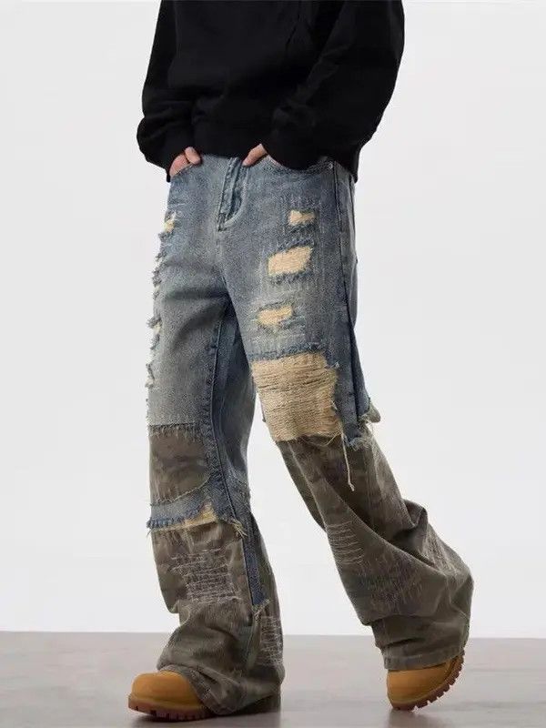 VIBE Distressed Patchwork Baggy Flare Stacked Jeans Size US 32 / EU 48 - 5 Thumbnail