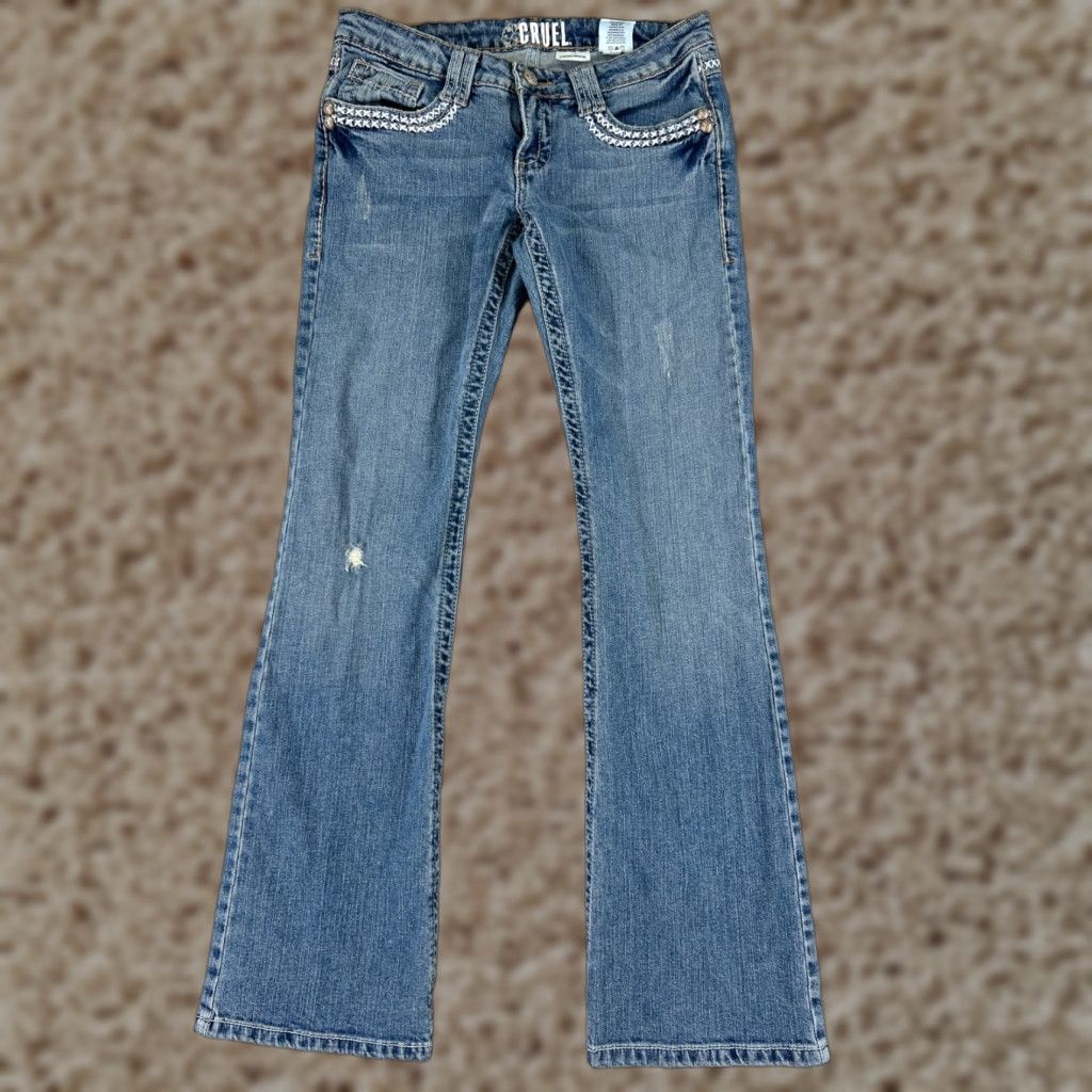 Vintage Cruel Girl Jeans Womens 3 Blue Denim Flared Slim Low Rise 27x31 Distressed 5-Pocket Cotton Blend Machine Washable Size 26" / US 2 / IT 38 - 1 Thumbnail