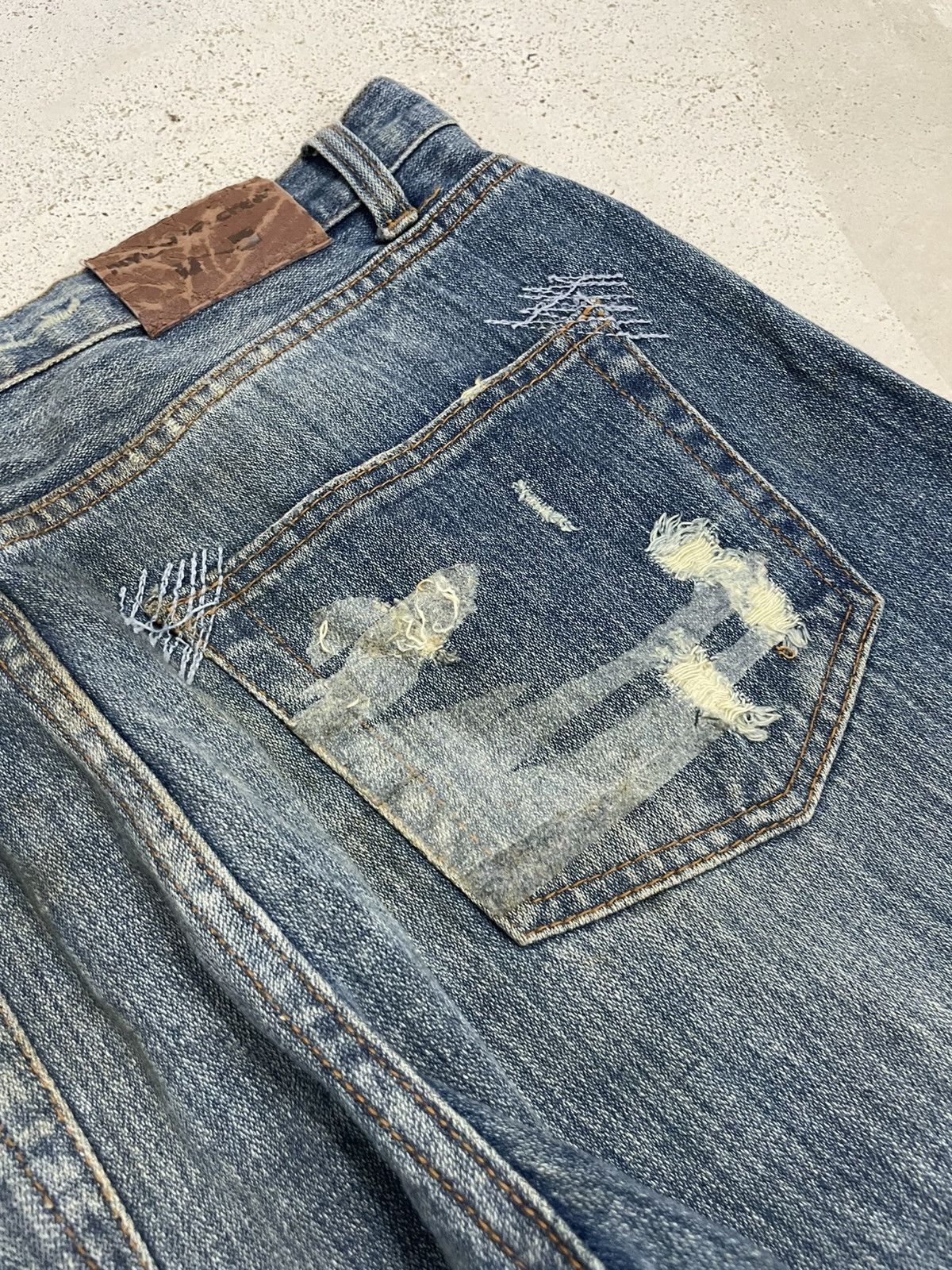Japanese Brand Nylaus Distressed Rusty Denim Heavy Stitching Font Y2K Size US 32 / EU 48 - 17 Thumbnail