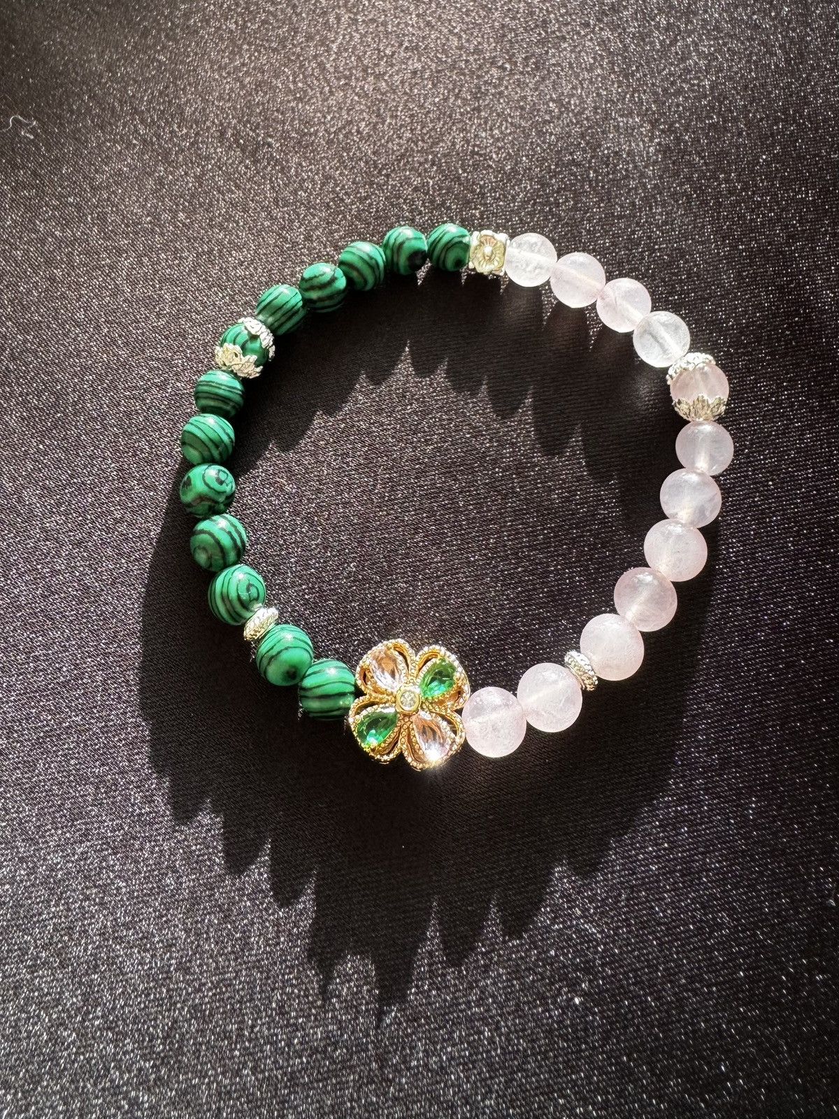 Handmade Malachite Rose Quartz Bracelet Size ONE SIZE - 2 Thumbnail