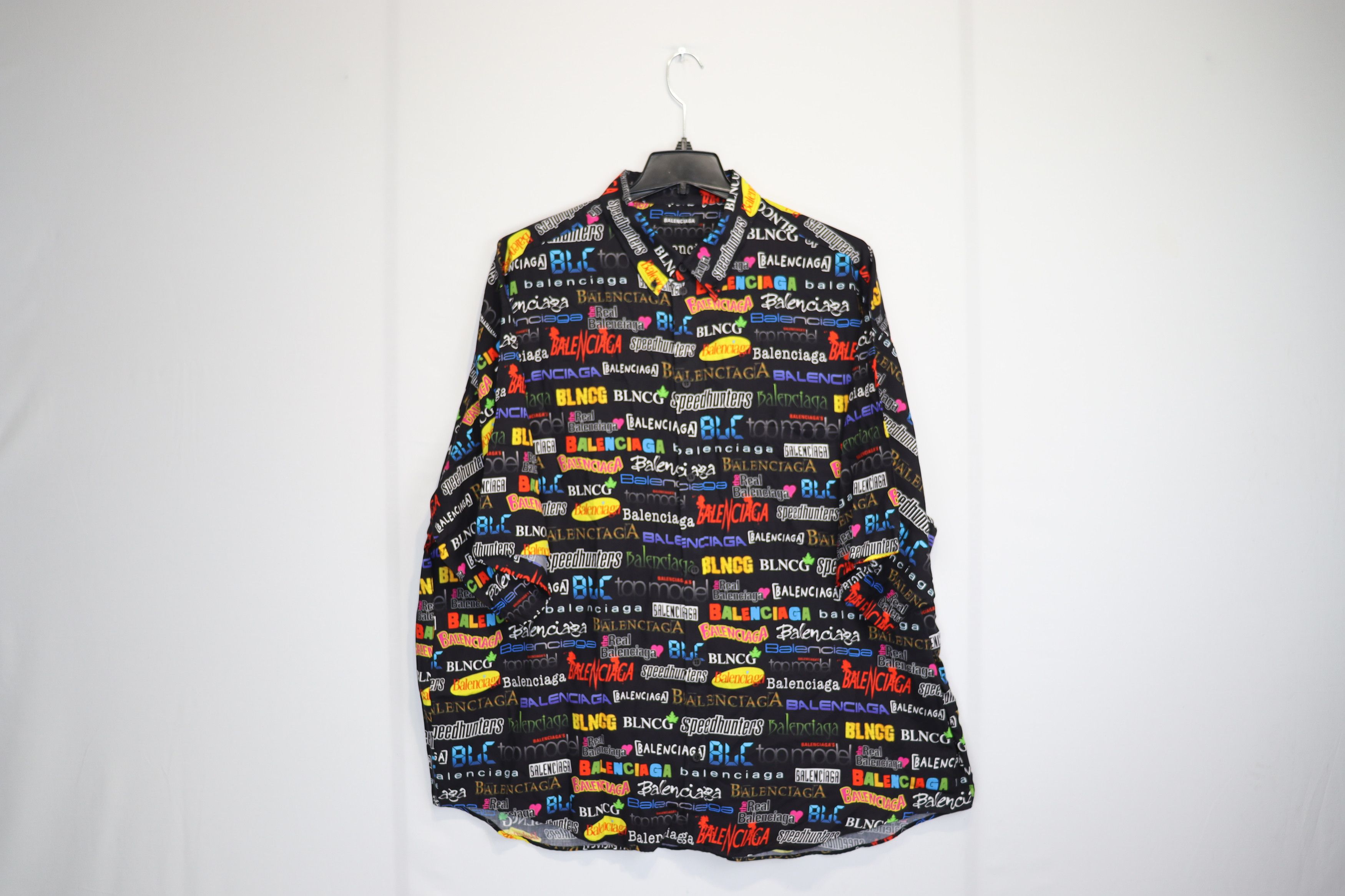 image of Balenciaga All Over Multi Logo Print Vacation Shirt In Multicolor, Men's (Size XL)