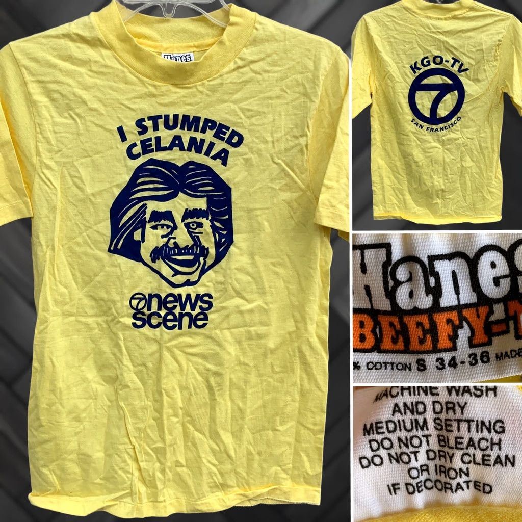 Hanes VINTAGE Hanes KGO-TV 7 San Francisco T-Shirt I Stumped Celania 7 News Scene 70s 80s Yellow Graphic Tee Mens S 34-36 100% Cotton USA 1970s Size US S / EU 44-46 / 1 - 1 Thumbnail