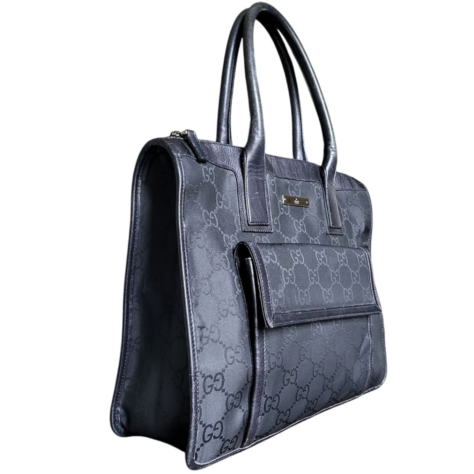 Gucci Gucci GG Nylon Leather Handbag Black Monogram Tote Bag Size ONE SIZE - 3 Thumbnail