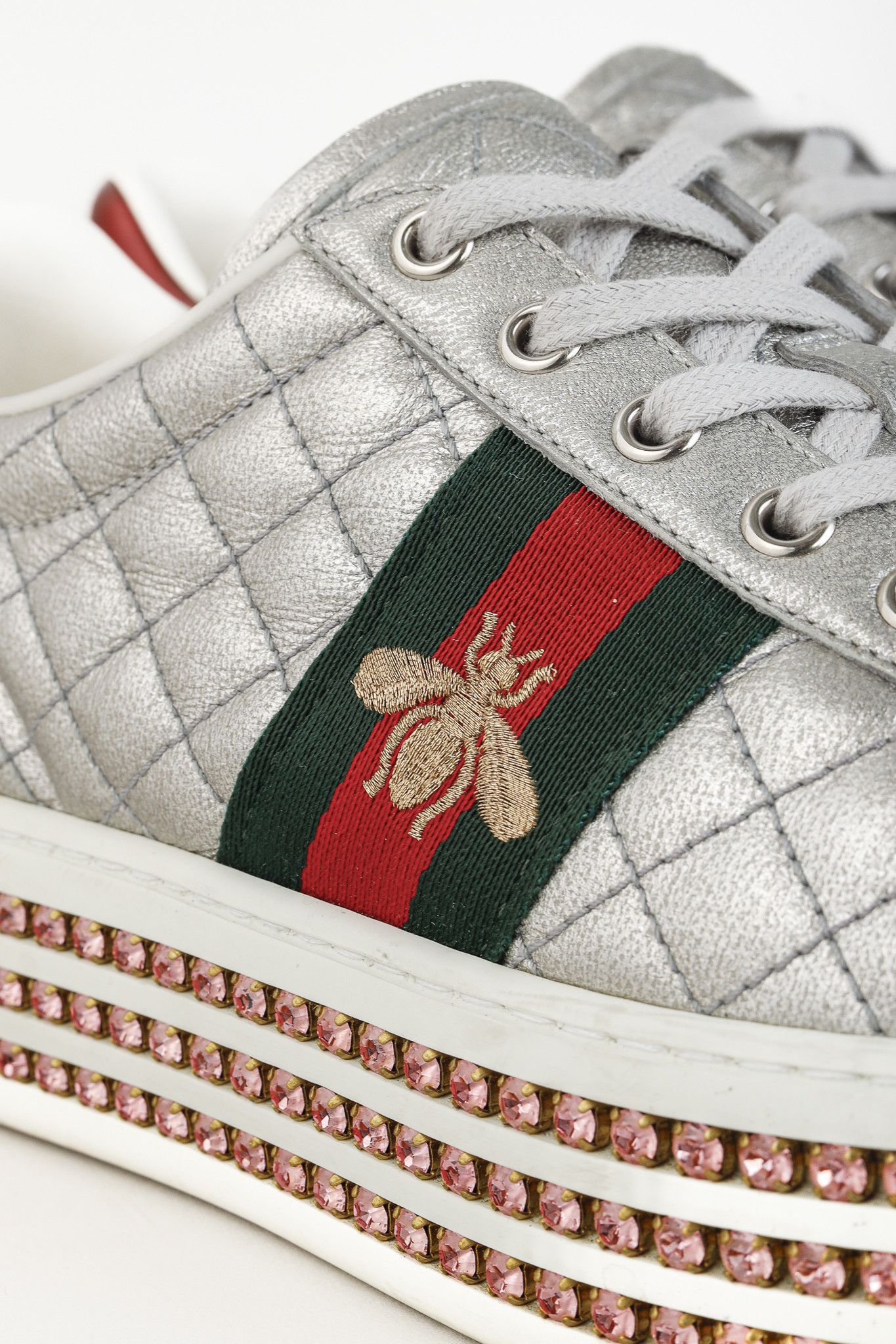 Gucci Gucci Ace Silver Quilted-Leather Crystal-Platform Sneakers Size US 9.5 / IT 39.5 - 9 Thumbnail