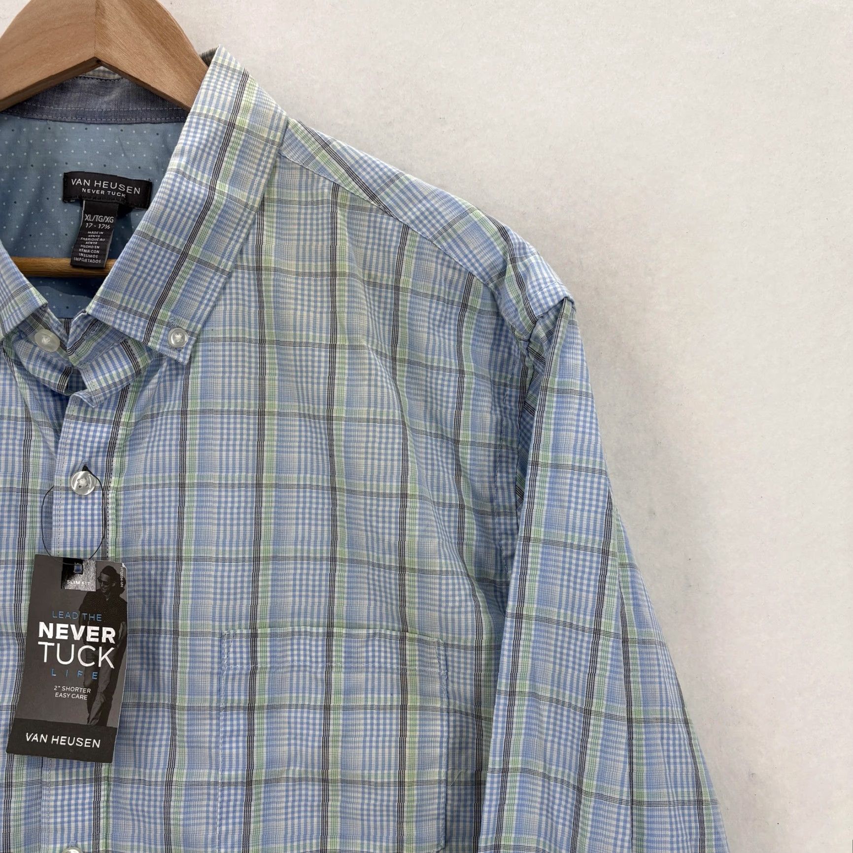 Van Heusen Van Heusen Shirt XL Blue Plaid Slim Long Sleeve Easy Care NWT Never Tuck Button-Up Mens Size US XL / EU 56 / 4 - 2 Thumbnail