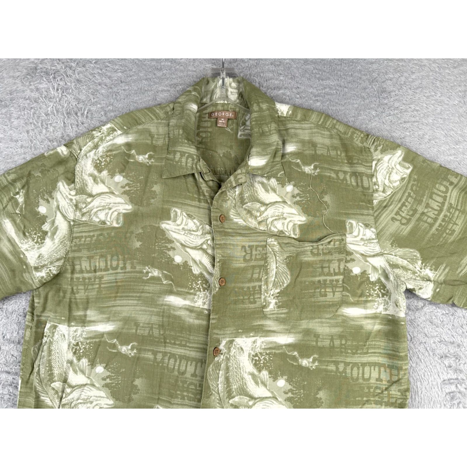 George George Button-Up Shirt Men Medium Green Hawaiian 100% Rayon Pocket Solid Collar Brief: Largemouth Bass Angler Theme Season All Seasons Vintage No Size US XXL / EU 58 / 5 - 4 Thumbnail