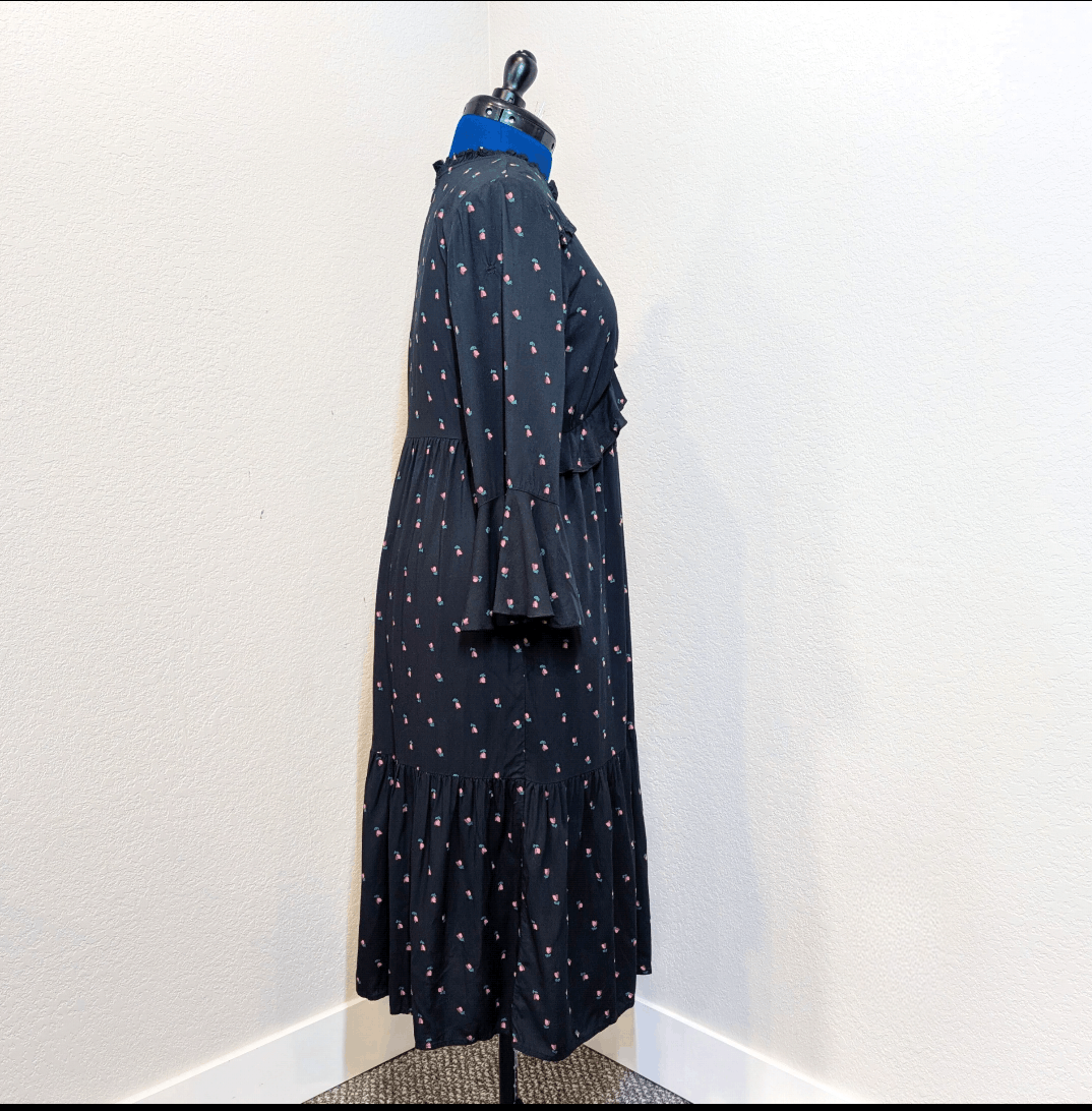 Loft Loft Navy Floral Ruffle Midi Prairie Dress Size S Size S / US 4 / IT 40 - 2 Thumbnail