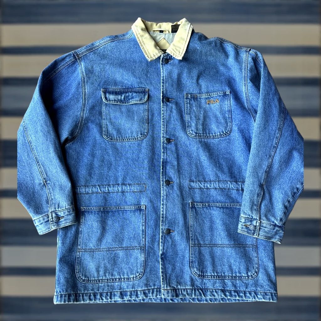 Fila VINTAGE 90s FILA Jeans Work Chore Coat Jacket Large Denim Cotton Men Hood Hip Hop Streetwear Trench Coat Long Blue Size US 33 - 1 Thumbnail