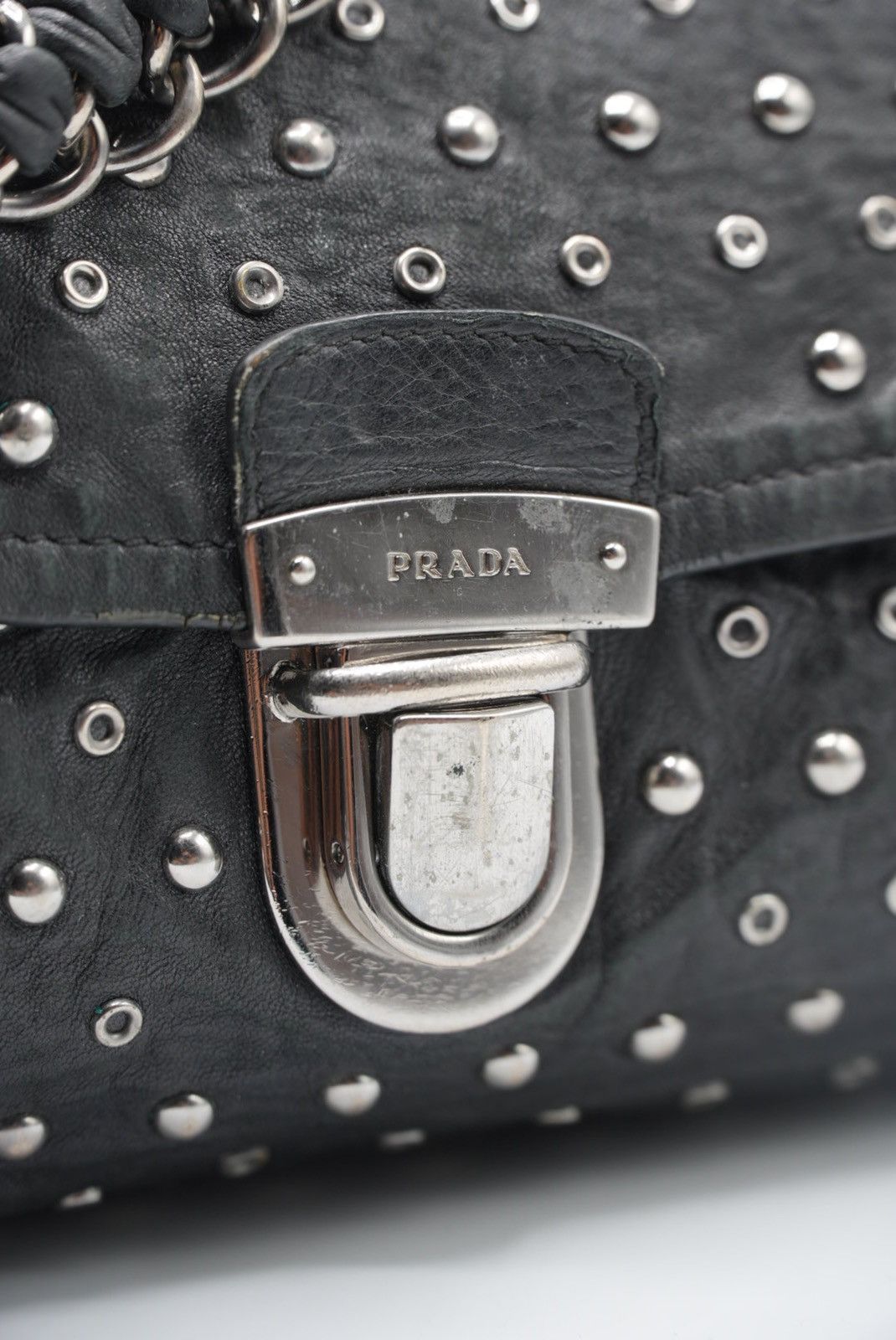 Prada Prada Black Leather Studded Handbag Size ONE SIZE - 11 Thumbnail