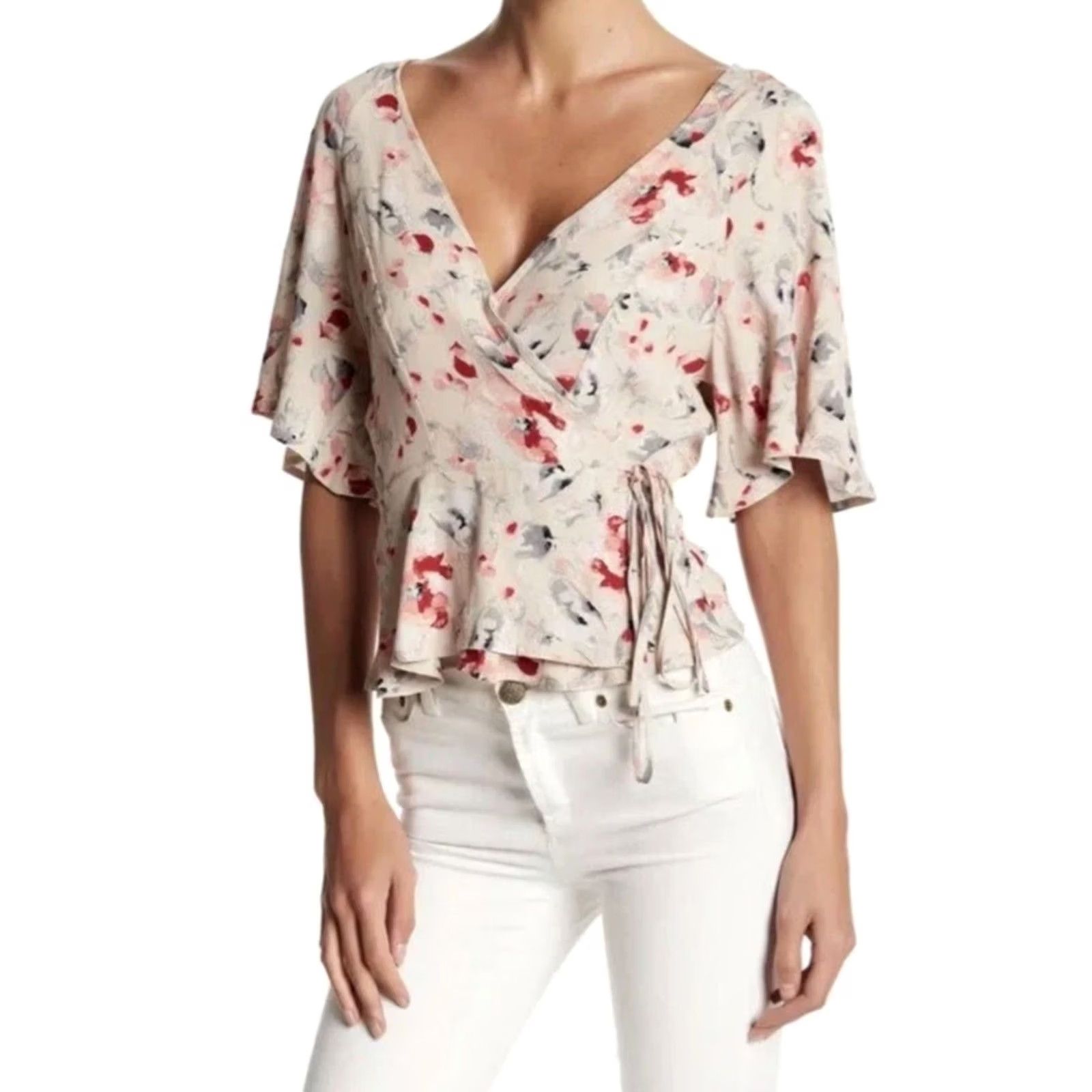 Vintage ASTR The Label True Wrap Top Pink Floral Print V-Neck Short Sleeve Sz M Blouse Womens Size M / US 6-8 / IT 42-44 - 4 Thumbnail