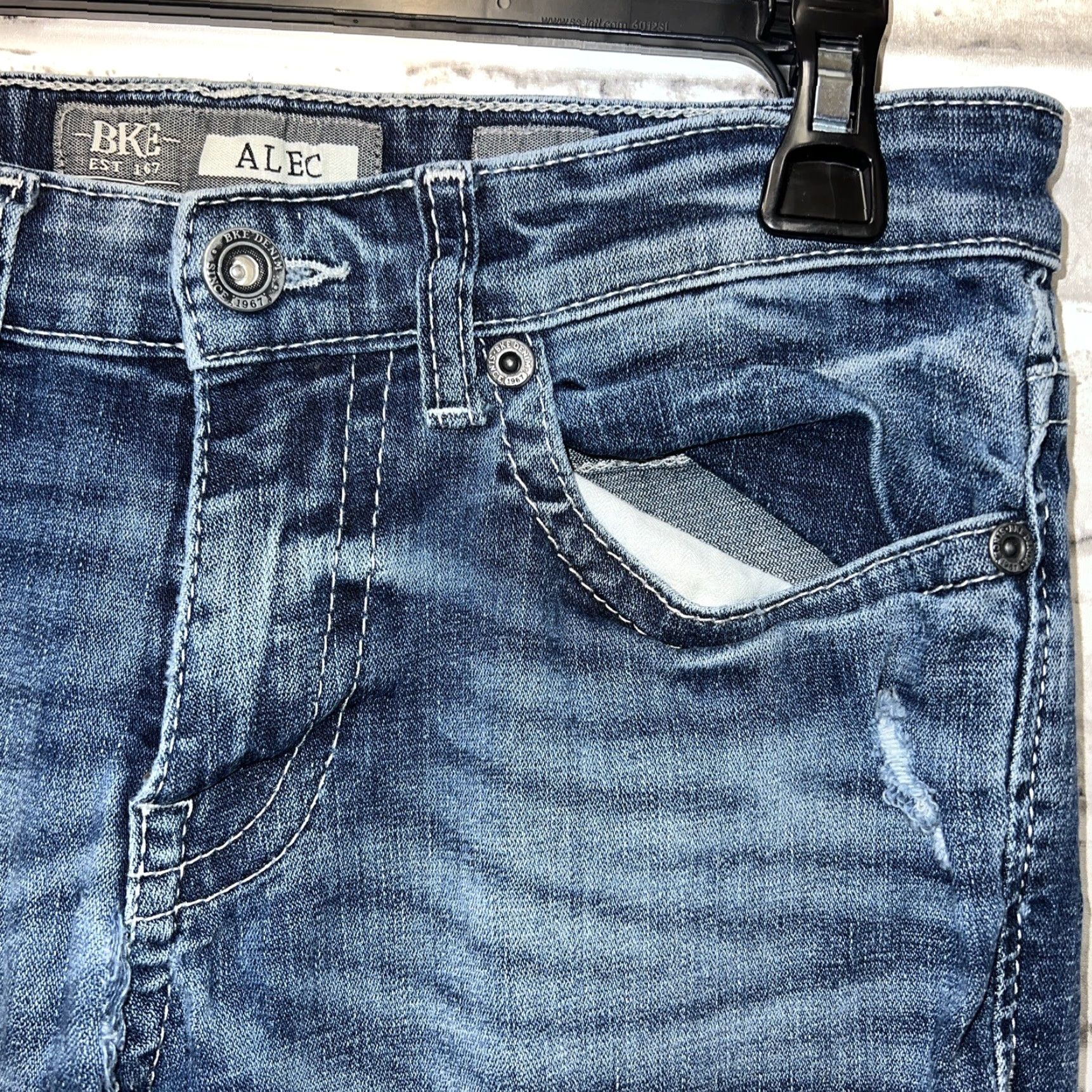 BKE BKE Alec Distressed Jeans Mens Size 31 Inseam 34 Straight Leg Blue Size US 31 - 2 Thumbnail