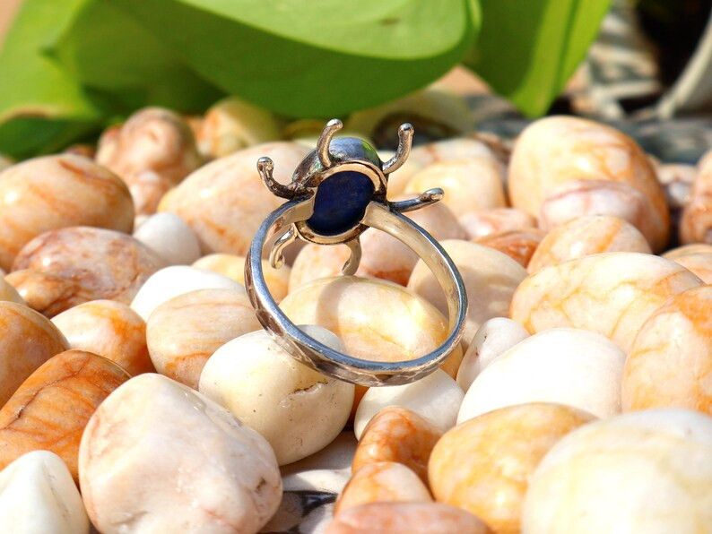 Handmade Lapis Lazuli Insect Ring, Handmade 925 Silver Scarab Beetle Size ONE SIZE - 3 Thumbnail