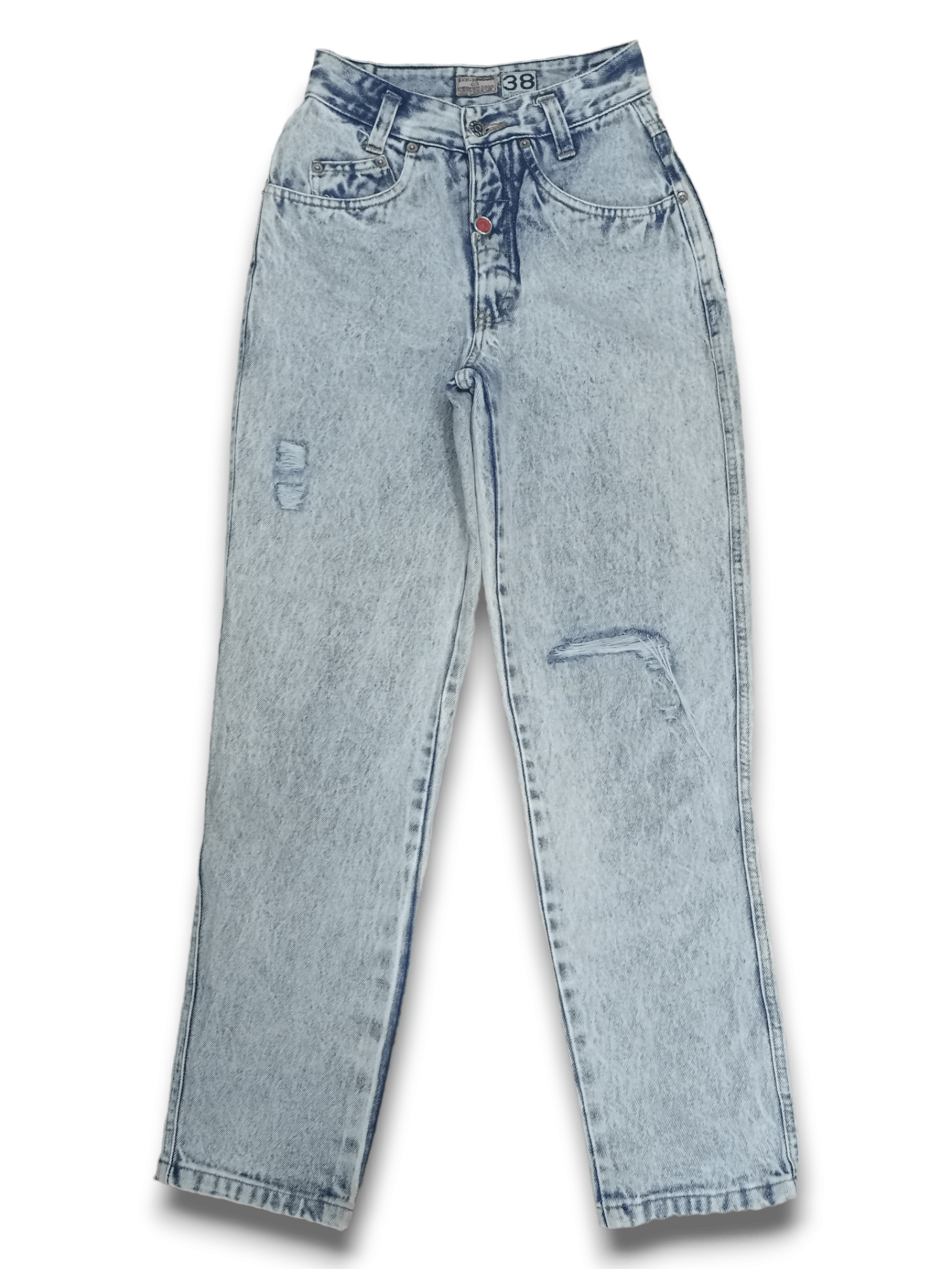 image of Distressed Denim x Italian Designers Need Gone Vintage Red Button 601 Acid Wash Barrel Jeans in Blu