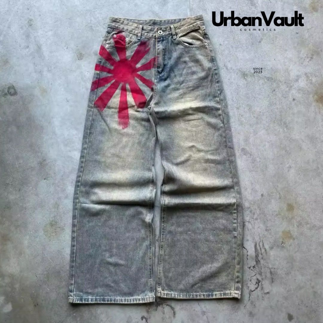 Designer × Vintage Y2K Vintage Red Print Grey Washed Baggy Jeans Size 38" / US 16 / IT 52 - 1 Thumbnail