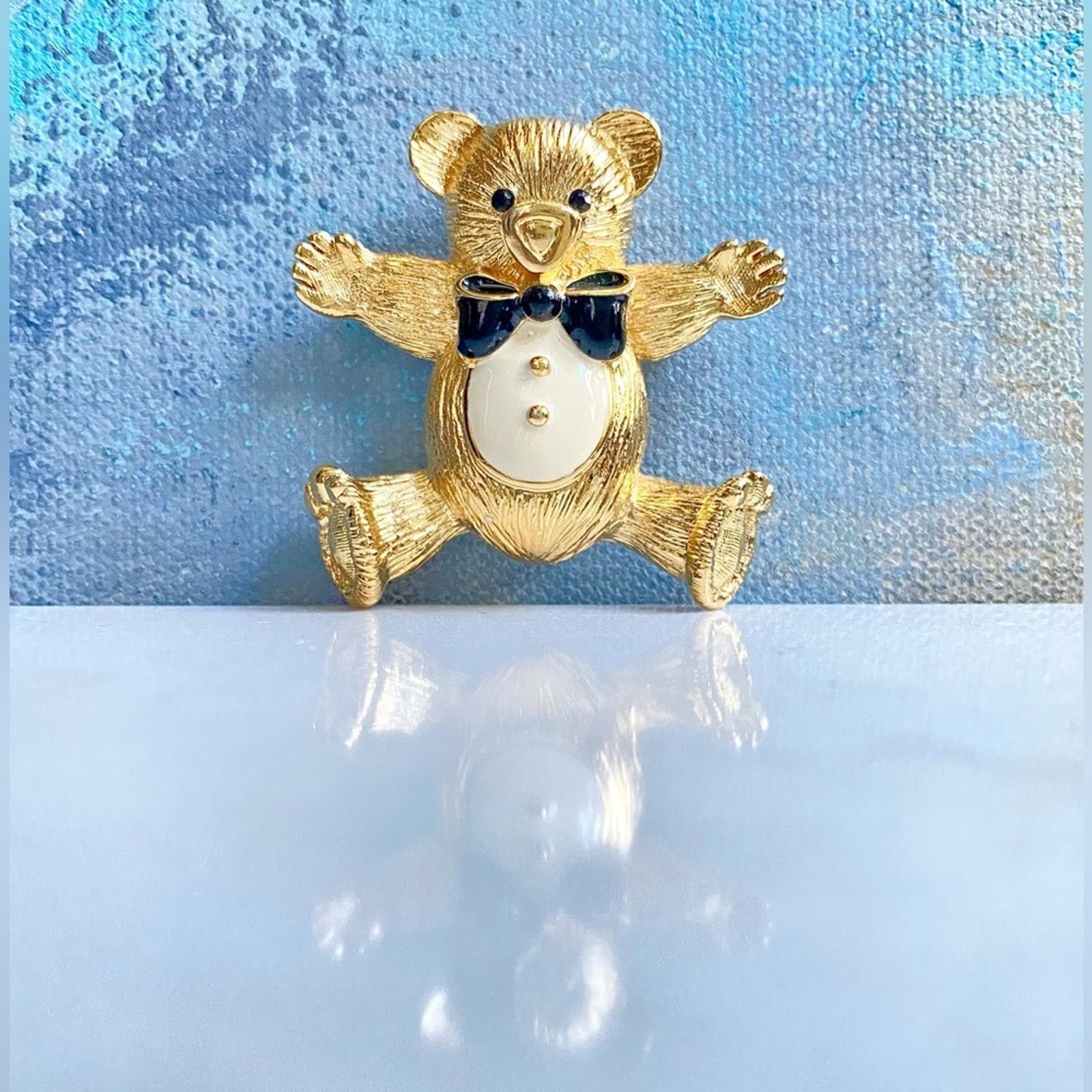 St. John VTG St. John 24K Gold Teddy Bear Brooch Black Enamel Bow Size ONE SIZE - 1 Thumbnail