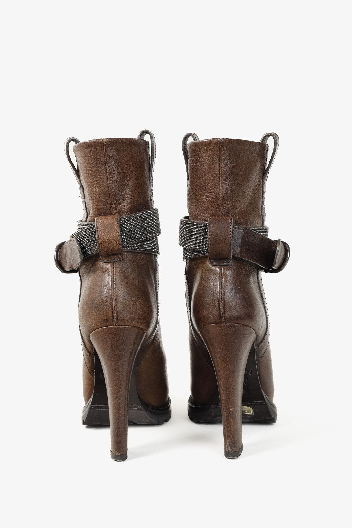 Brunello Cucinelli Brunello Cucinelli Brown Monili Trimmed Leather Lug Boots Size US 6.5 / IT 36.5 - 3 Thumbnail