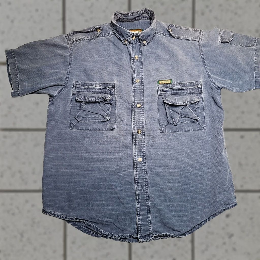 Vintage Remington Mens Shirt Short Sleeve Button Front Fishing Hunting Casual Blue Cotton Large Faded Regular Mens Size US L / EU 52-54 / 3 - 1 Thumbnail