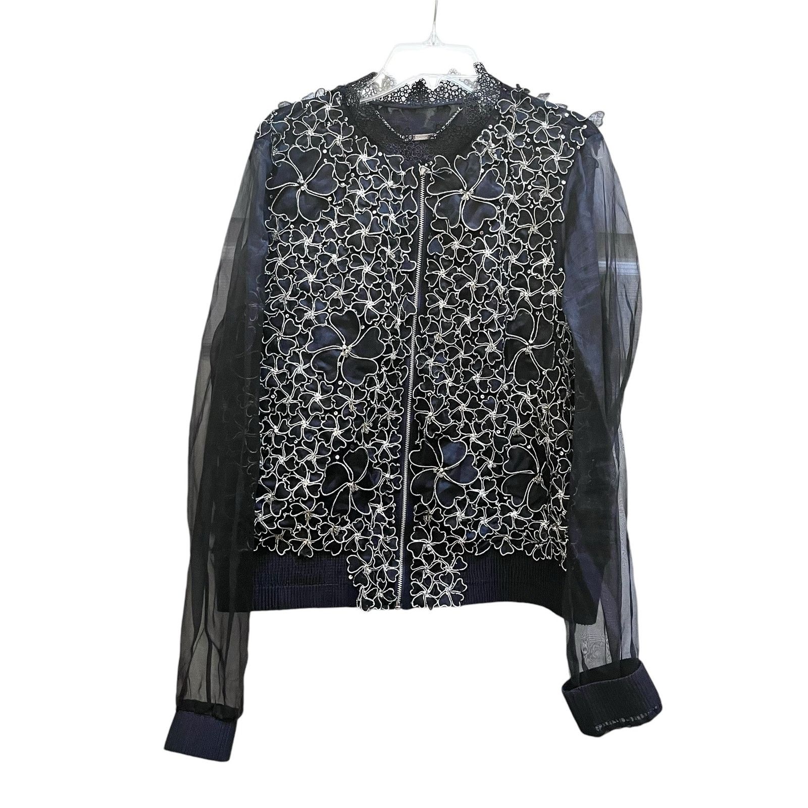 Elie Tahari Elie Tahari Navy Silver Floral Sheer Silk Bomber Jacket Size M / US 6-8 / IT 42-44 - 1 Thumbnail