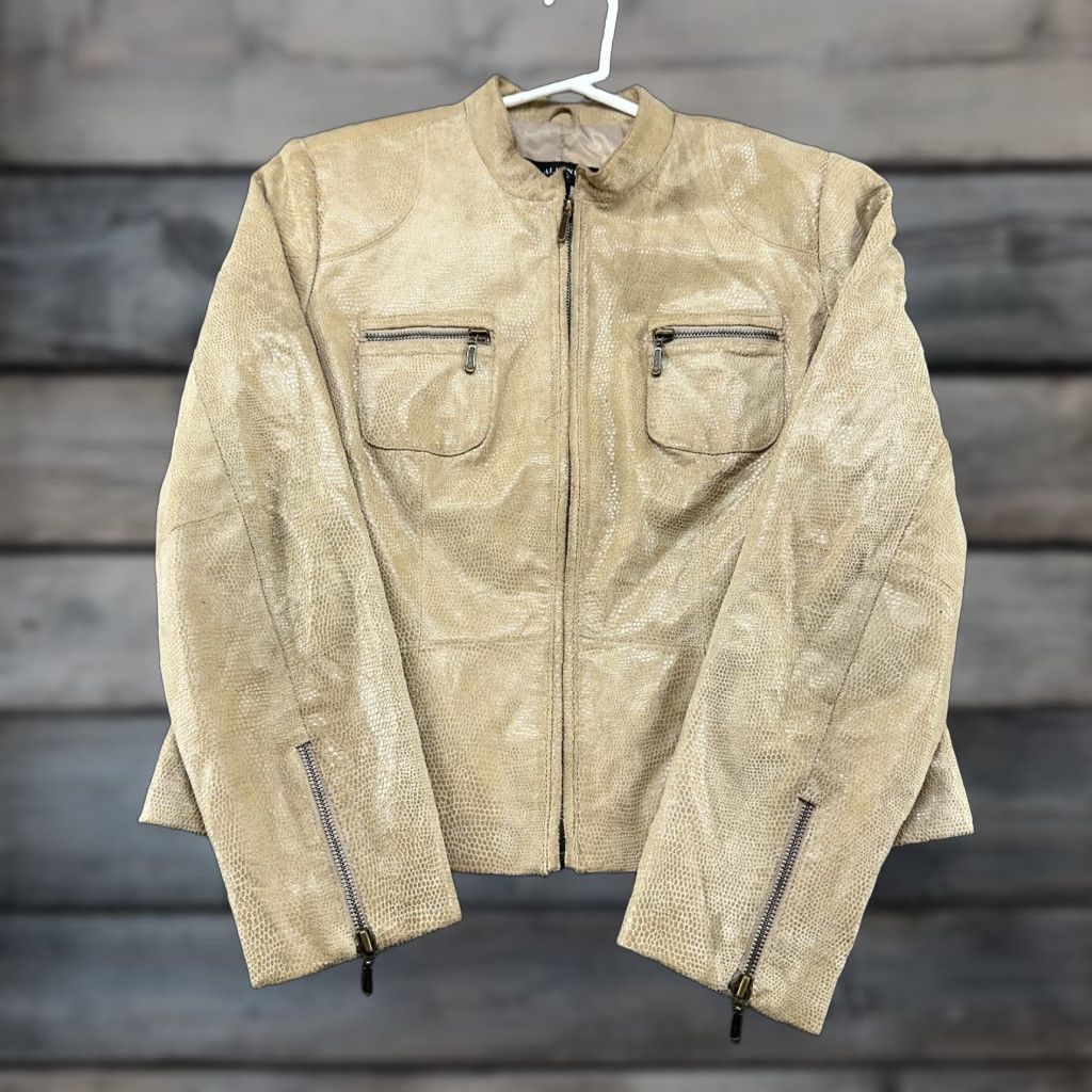 Alfani VINTAGE Alfani Jacket Womens Petite PM Beige Leather Snakeskin Zip Full Lined 90s Biker Motorcycle Snake Spring Fall Winter Womens Size M / US 6-8 / IT 42-44 - 1 Thumbnail