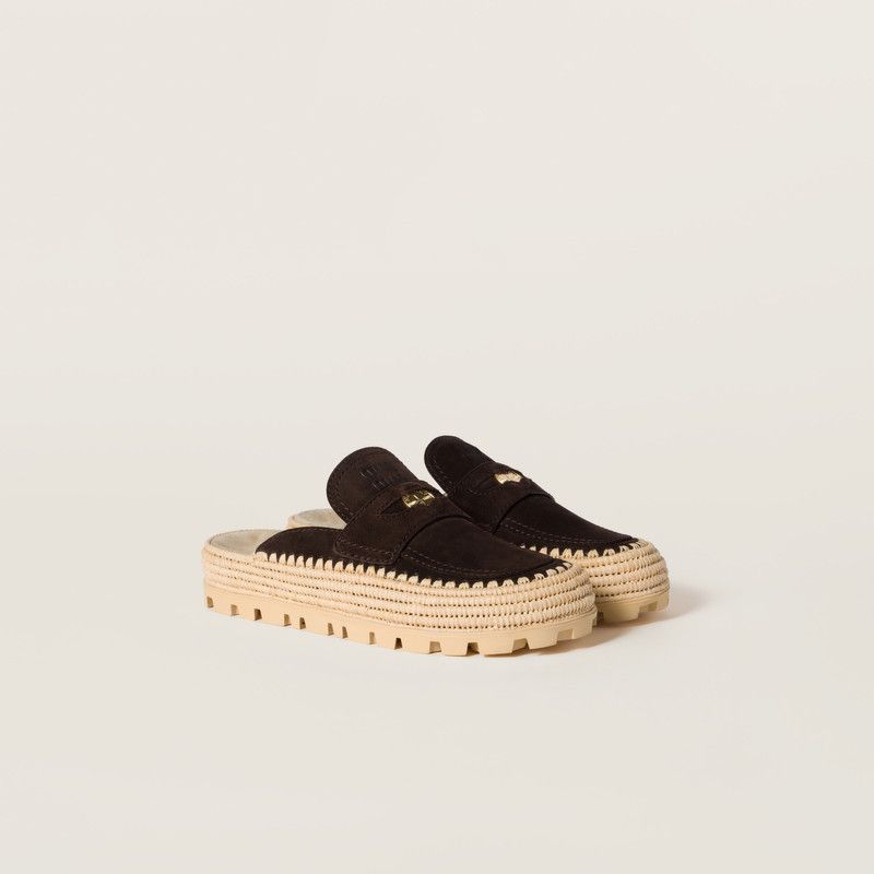 Miu Miu o1B3y1r0526 Suede and Raffia Flatform Mules in Brown Size US 9 / IT 39 - 2 Thumbnail