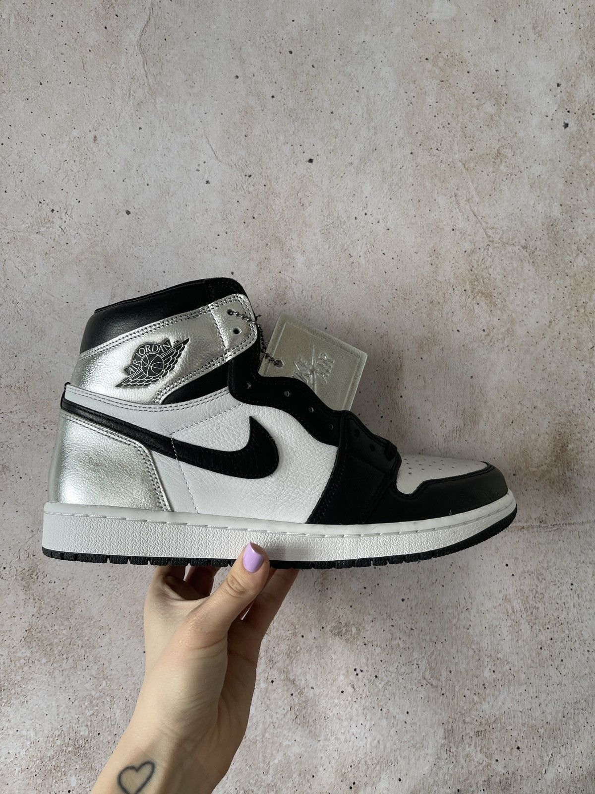 image of Nike Air Jordan 1 Retro High Silver Toe Sneakers in Black/Metallic Silver/White, Men's (Size 10)
