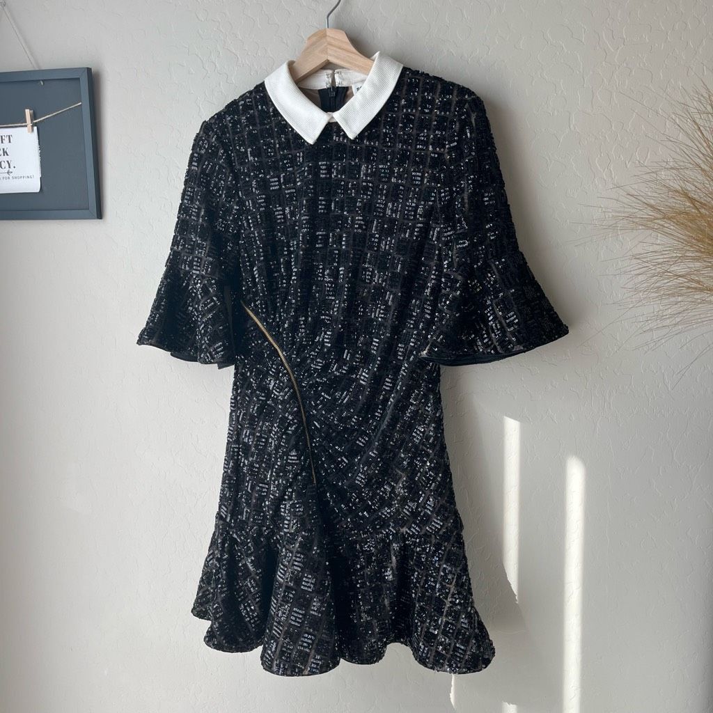 Self-Portrait Self Portrait Black Sequined White Collared Flare Hem Mini D Size S / US 4 / IT 40 - 3 Thumbnail