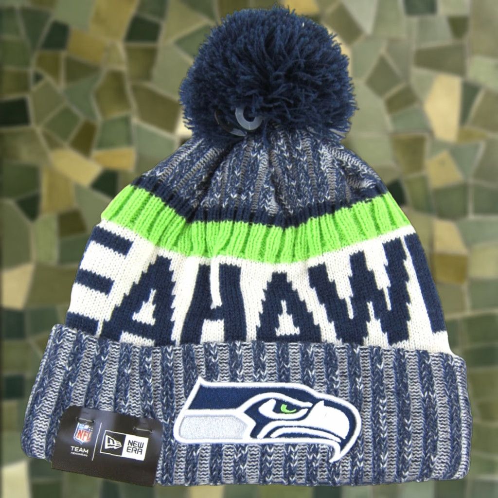 New Era NWT New Era NFL Seattle Seahawks Blue Green Knit Pom Pom Beanie Hat OS Size ONE SIZE - 1 Thumbnail