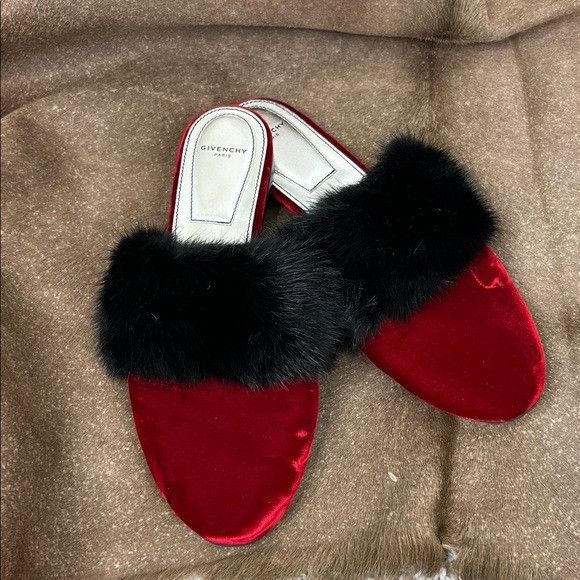Givenchy Givenchy Bedford Mule Red Velvet and Black Mink Fur Slippers Size US 9.5 / IT 39.5 - 1 Thumbnail