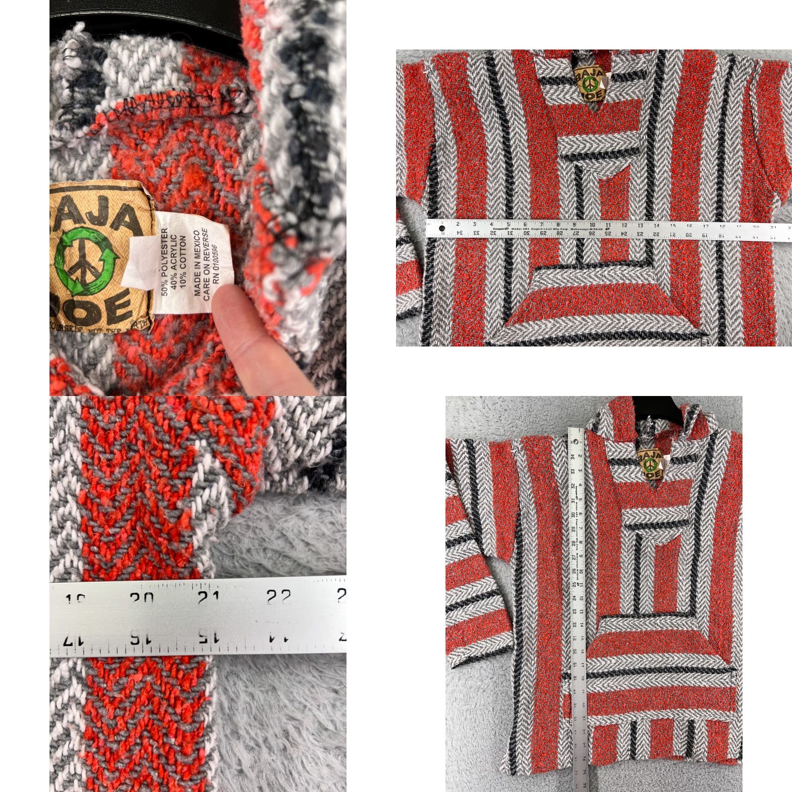 Vintage VINTAGE Baja Joe Hoodie Mens Large Red Gray Acrylic Blend Drug Rug Made Mexico Poncho Size US L / EU 52-54 / 3 - 8 Thumbnail
