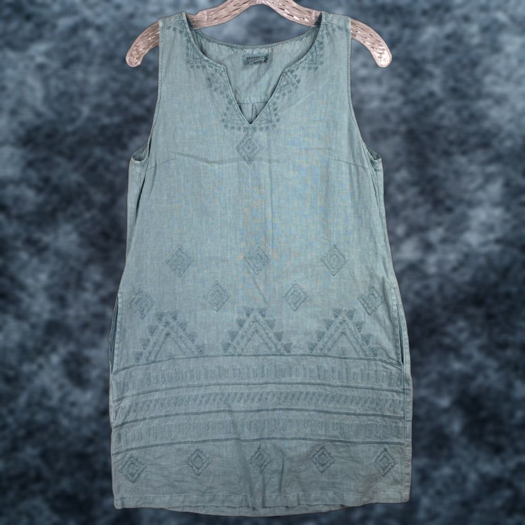 Vintage VINTAGE Artisan NY Dress S Blue Midi Slip 100% Linen Sleeveless Embroidered Pockets Boho Size S / US 4 / IT 40 - 1 Thumbnail