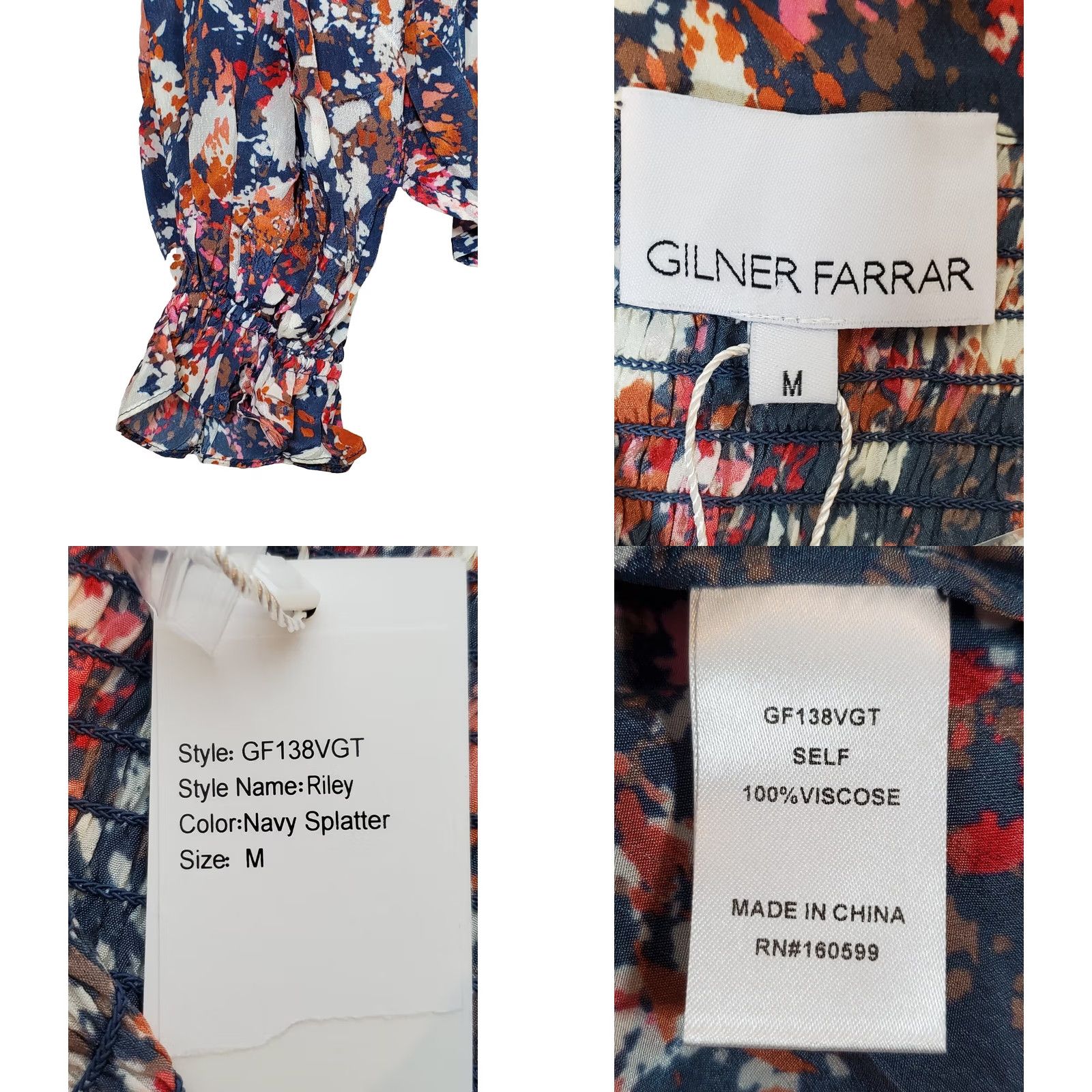 Vintage Gilner Farrar Blouse Womens M Riley Ruffle Top Navy Splatter Paint Print Women New Size M / US 6-8 / IT 42-44 - 8 Thumbnail