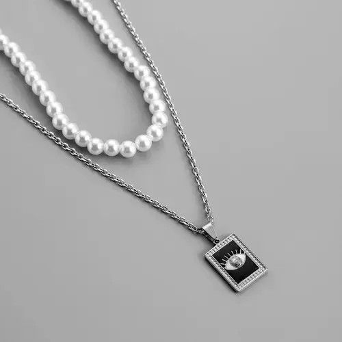 Other Pearl Choker Chain & Square Eye Titanium Necklace Size ONE SIZE - 4 Thumbnail
