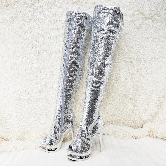 Other Blondie 3011 Silver Sequin Slouchy High Heel Platform Thigh Size US 8 / IT 38 - 4 Thumbnail