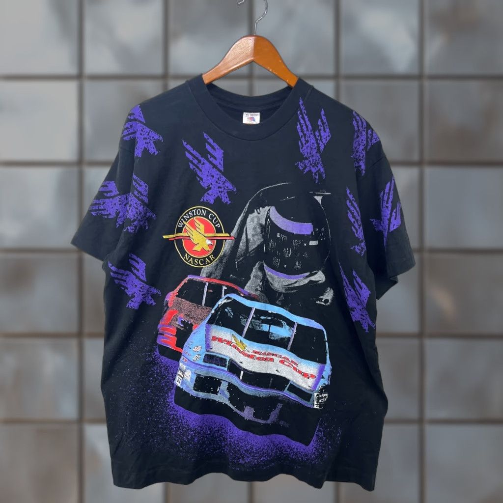 NASCAR VINTAGE NASCAR All Over Print Winston Cup T Shirt XL Black 90s 1990s Mens Short Sleeve Crew Neck Graphic Print Skull Double-Sided All Seasons Size US XL / EU 56 / 4 - 1 Thumbnail