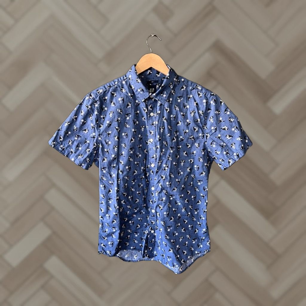 Gap Gap Button-Up Shirt Mens Blue Short Sleeve Birds AOP Graphic Size M Size US M / EU 48-50 / 2 - 1 Thumbnail