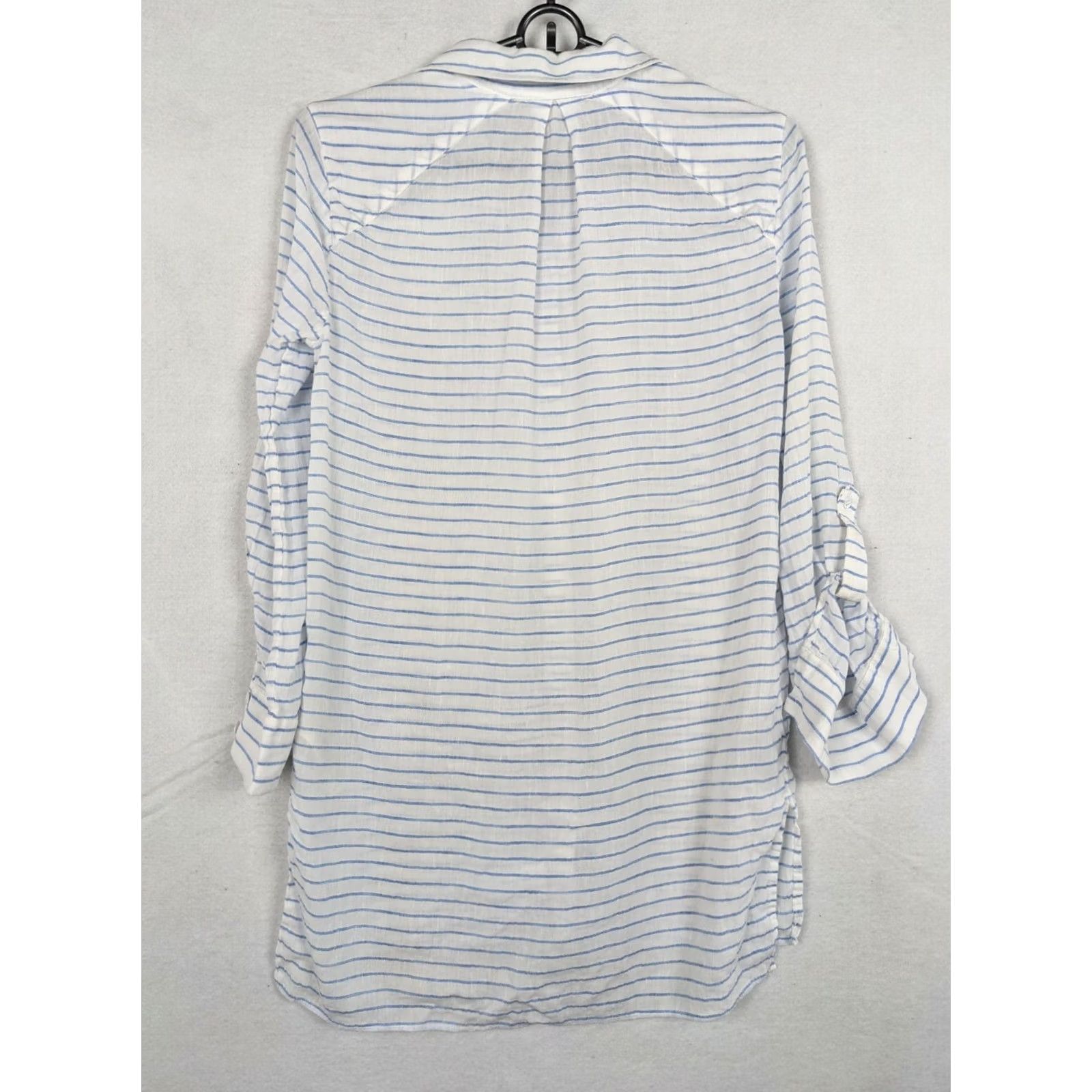 Alice + Olivia ALICE & OLIVIA Button-Up Shirt Women S Striped Long Sleeve Tunic Blue/White Linen/Cotton V-Neck Tie Cuffs Casual Modern 90s? Size S / US 4 / IT 40 - 5 Thumbnail