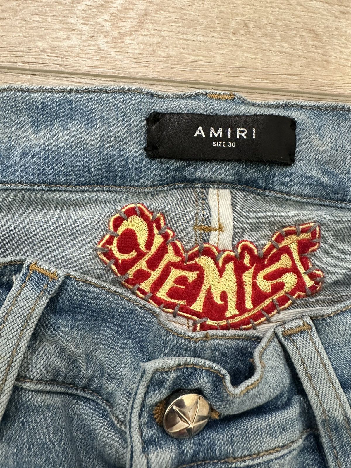 ammri791様 Amiri X Chemist Orange Leather Star Patch Jeans