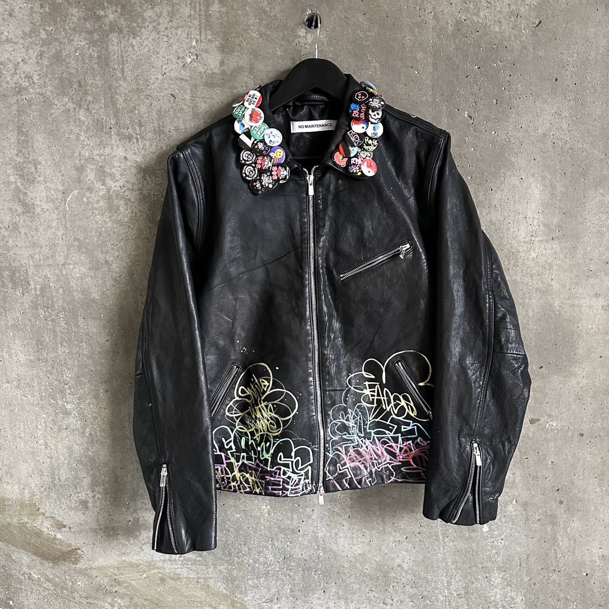 No Maintenance 1/1 Hand Painted Scribble Face Leather Jacket YVL opium Size US M / EU 48-50 / 2 - 5 Thumbnail