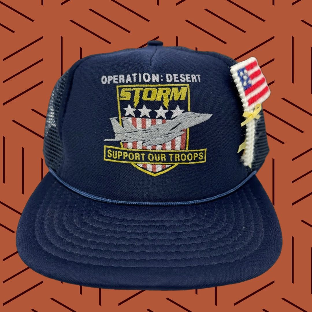 Vintage VINTAGE 90S OPERATION DESERT STORM F-16 FIGHTER GRAPHIC TRUCKER HAT NAVY BLUE W/PINS CS I Size ONE SIZE - 1 Thumbnail