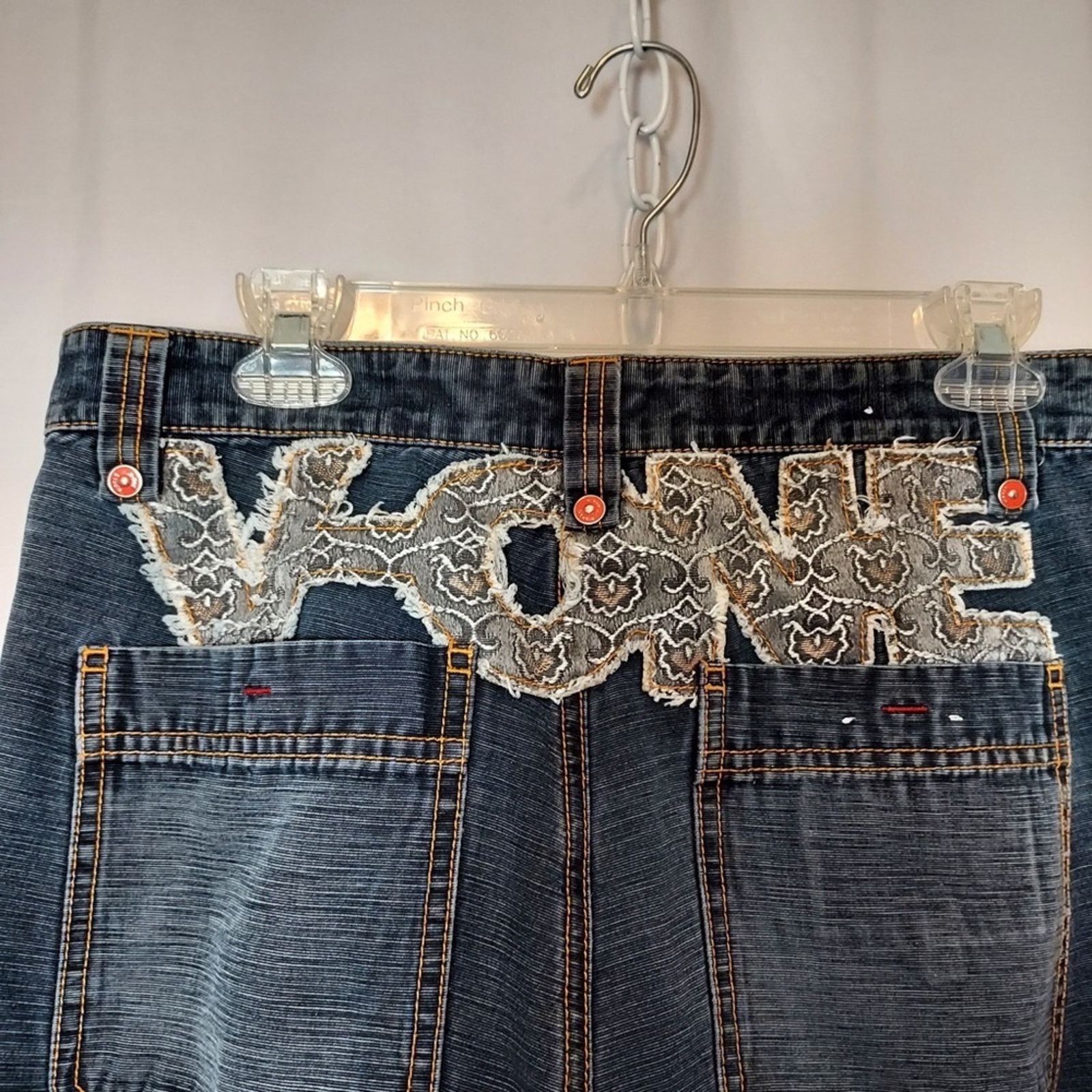 Other V-One Studio Denim Medium Blue Lace Patchwork Straight Jeans Size 33" - 4 Thumbnail