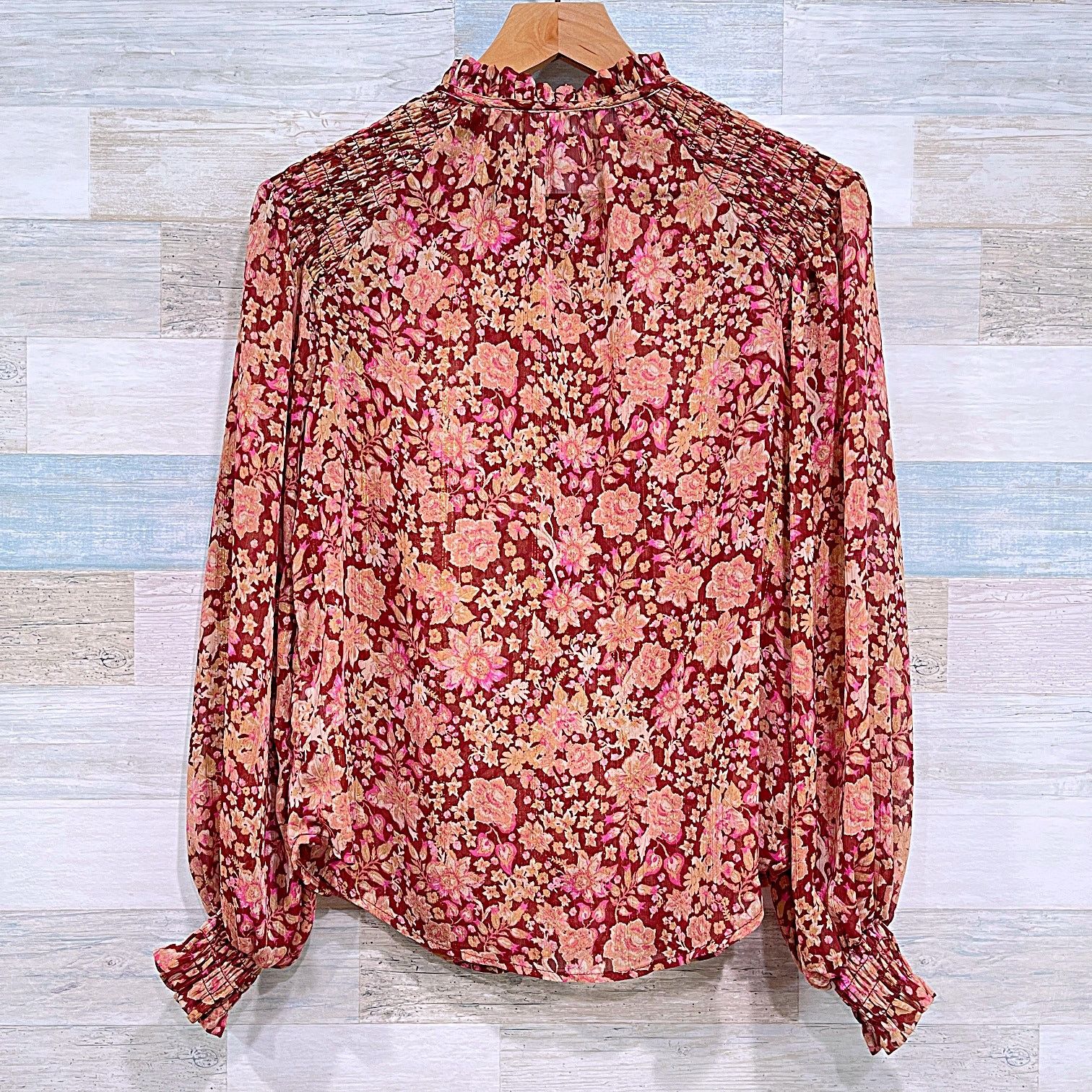 Joie JOIE Floral Ruffle Smocked Sheer Blouson Top Burgundy XS Size XS / US 0-2 / IT 36-38 - 3 Thumbnail