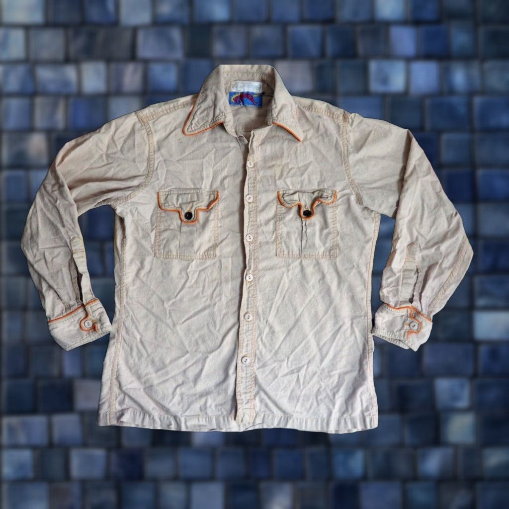 Wrangler VINTAGE Wrangler Western Shirt Mens M Linen Beige Orange 1960s 70s Rockabilly Cowboy Button USA Size US M / EU 48-50 / 2 - 1 Thumbnail
