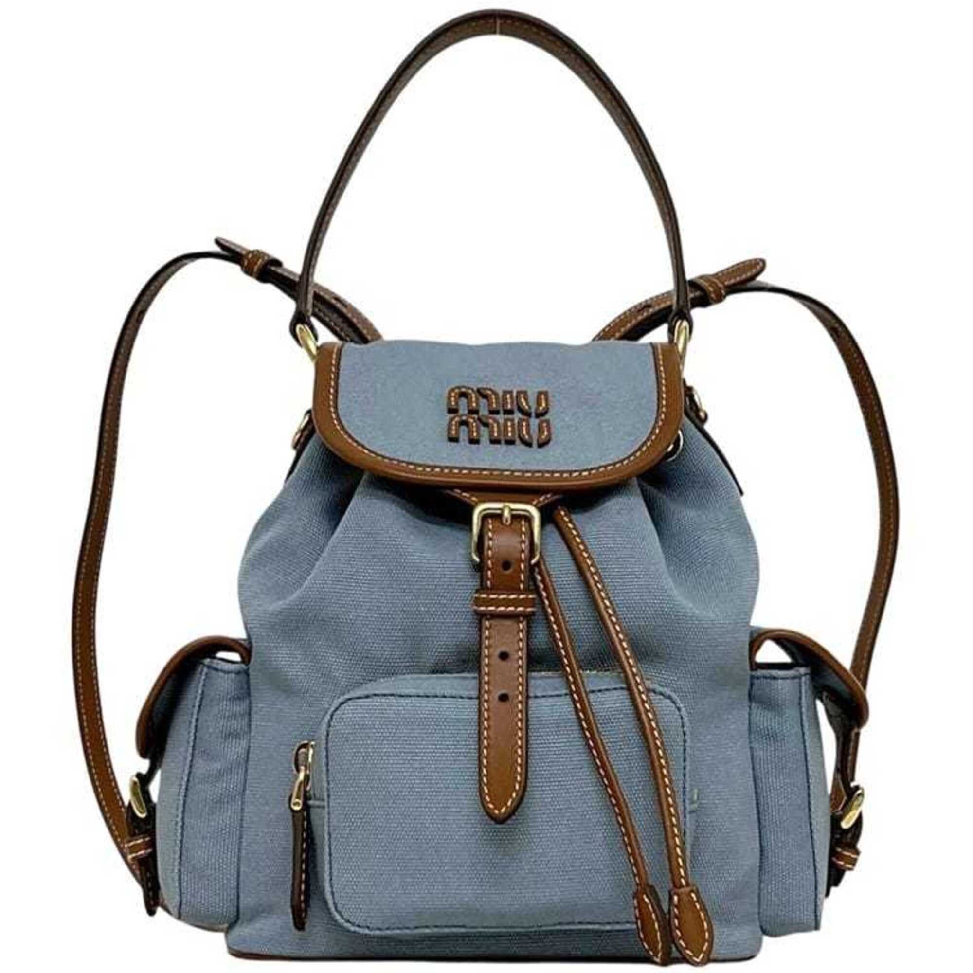 Miu Miu Miu Backpack, Medium, 5bz043_2ibq_F04kc_V_Ooo, Ic Tag Activated, Canvas & Leather, Light Blue, Women's in Brown, Women's